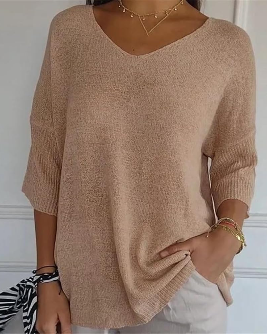 Bluză Tricotată cu Mâneci Franțuzești cu Mâneci Franțuzești Pentru Femei Ușoare cu Gât în V