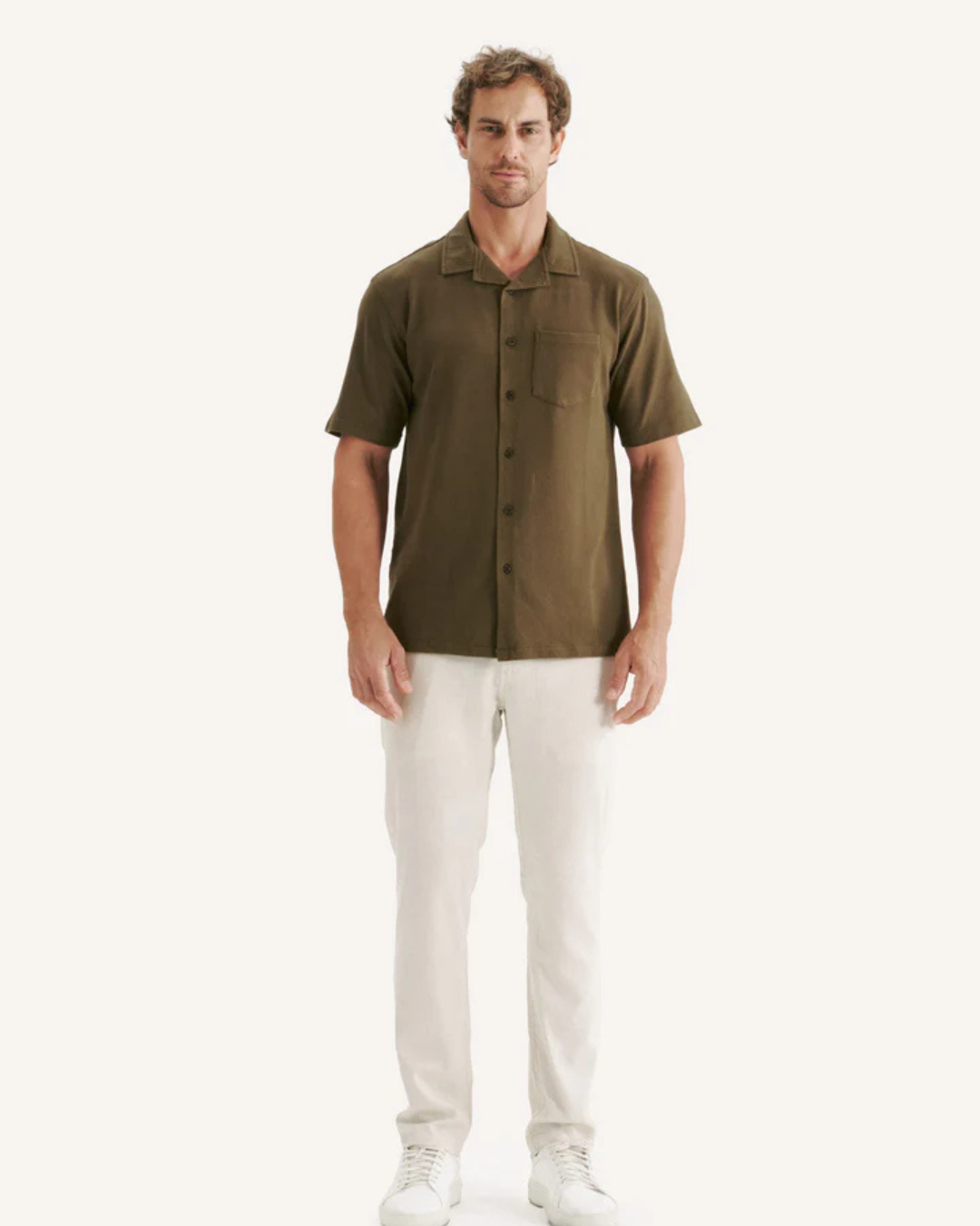 Cămașă din in cu mâneci scurte și nasturi pentru bărbați