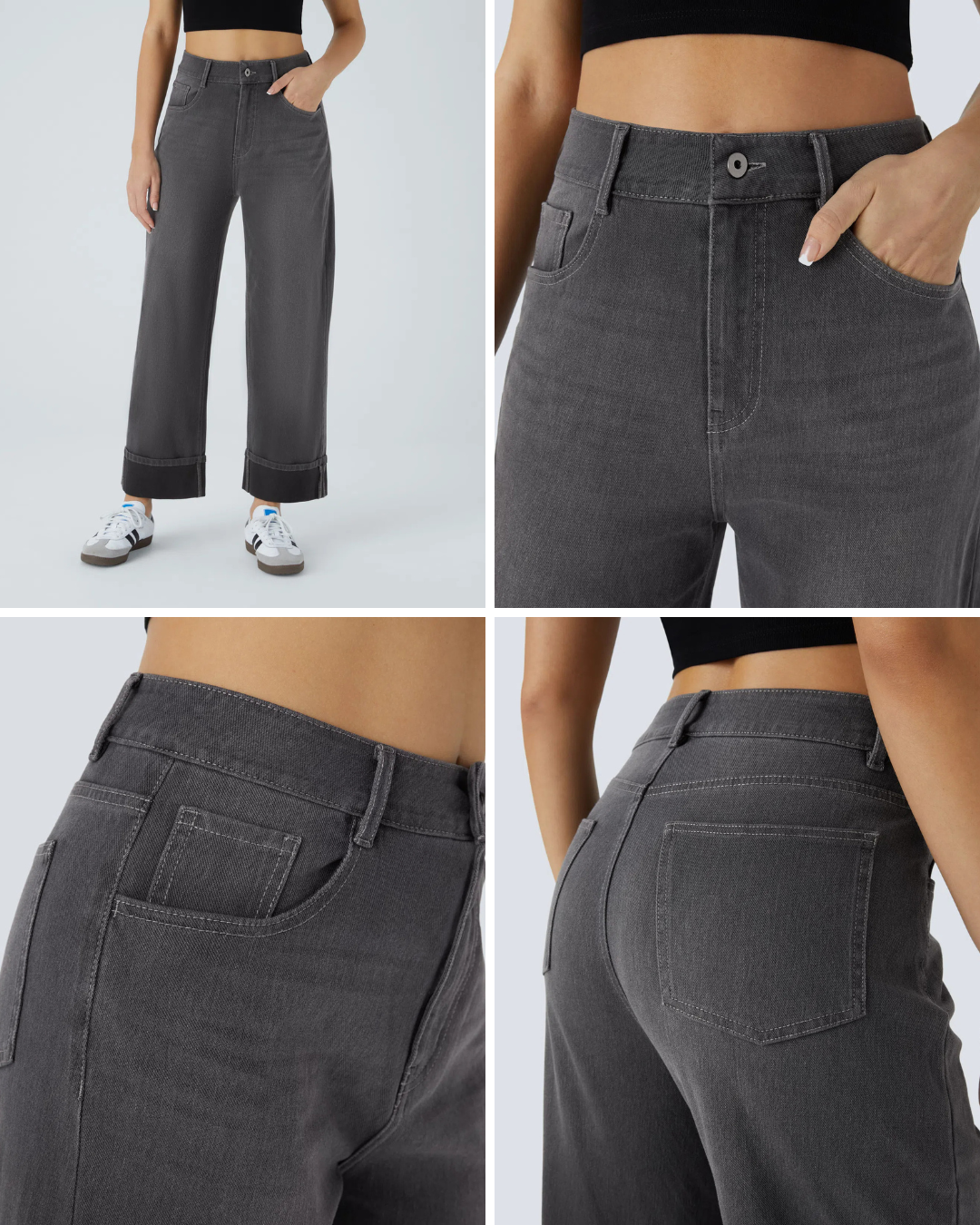 Pantaloni Spălați cu Tiv Rulat Elastic și Talie înaltă