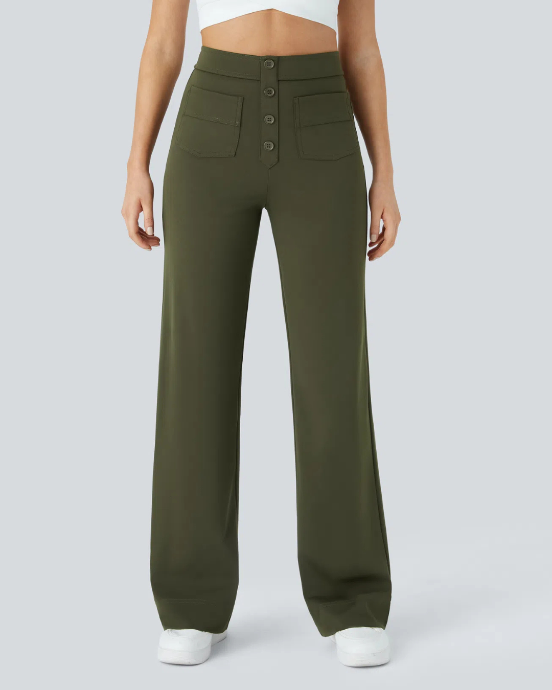 Pantaloni Drepți cu Talie înaltă, cu Nasturi Decorativi și Buzunare Frontale în Stil Utilitar