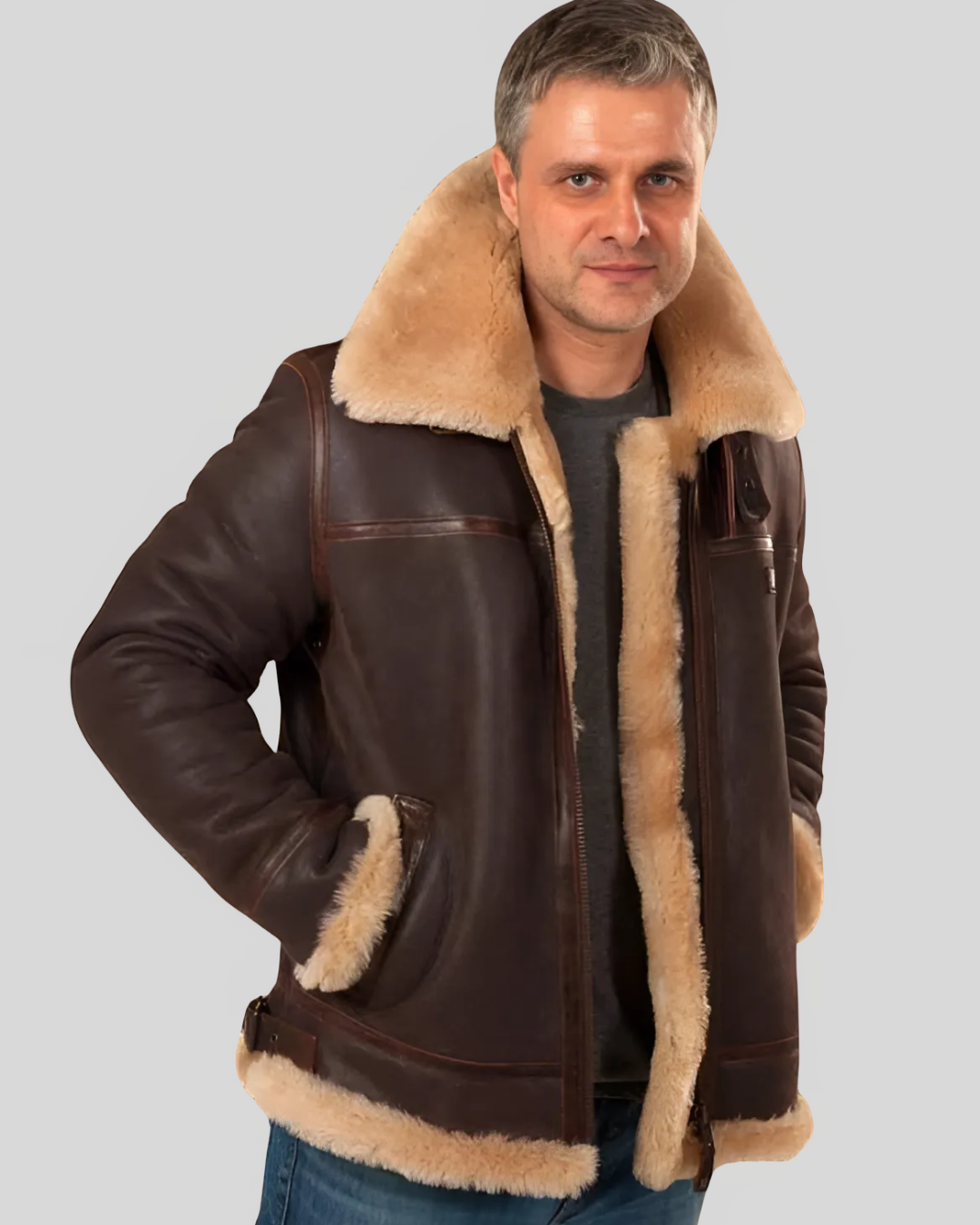 Jachetă Aviator Pentru Bărbați din Leather și Fleece 