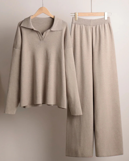 Set 2 Piese Pentru Femei, Hanorac cu Guler Polo și Pantaloni cu Picioare Largi 