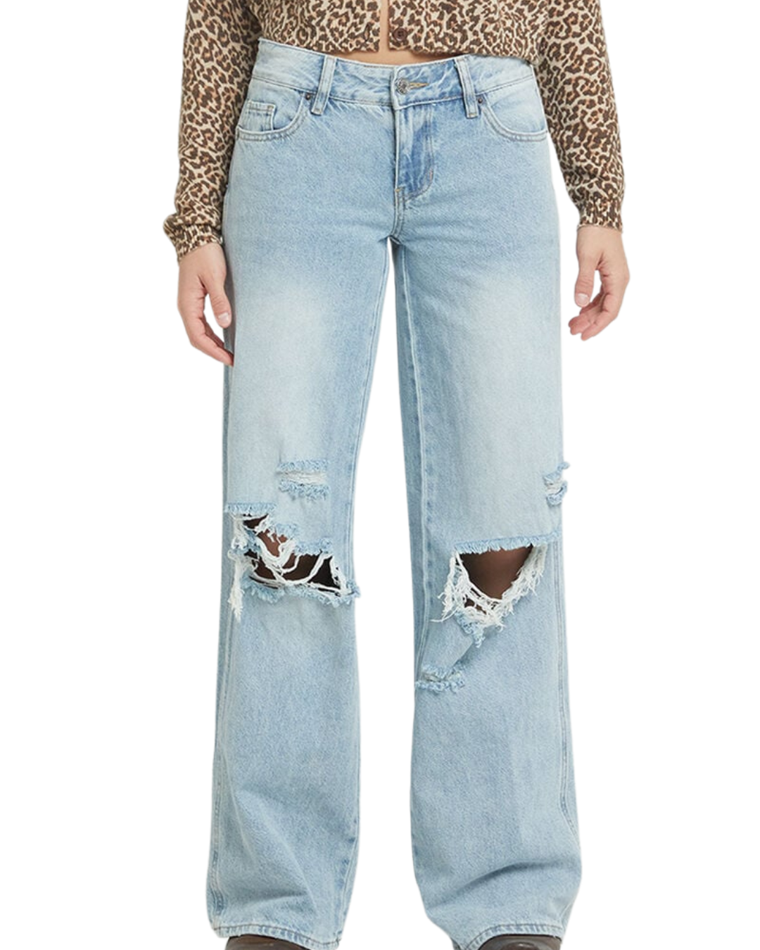 Blugi Drepți pentru Femei cu Efect Uzat și Tăieturi Moderne