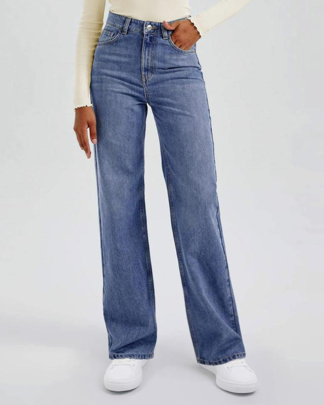 Blugi Pentru Femei cu Talie înaltă, Picioare Largi și Buzunare Multiple