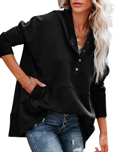 Pulover cu mâneci lungi, croi larg, decolteu în V și nasturi