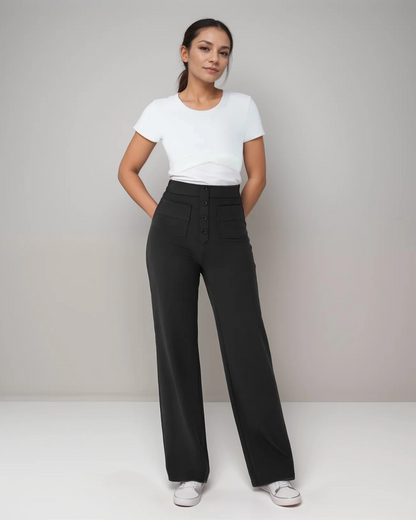 Pantaloni Drepți cu Talie înaltă, cu Nasturi Decorativi și Buzunare Frontale în Stil Utilitar