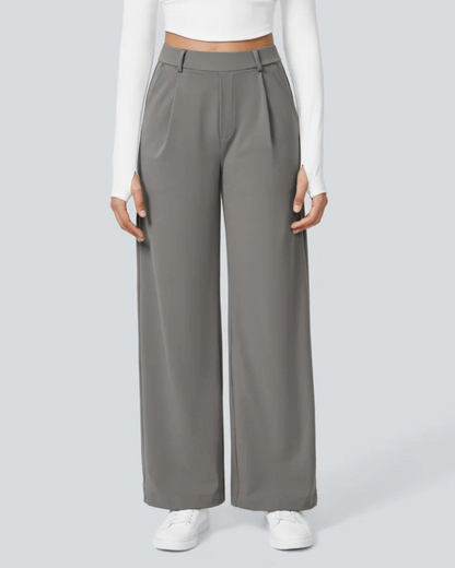 Pantaloni Largi cu Talia Înaltă, Buzunare Laterale și Închidere