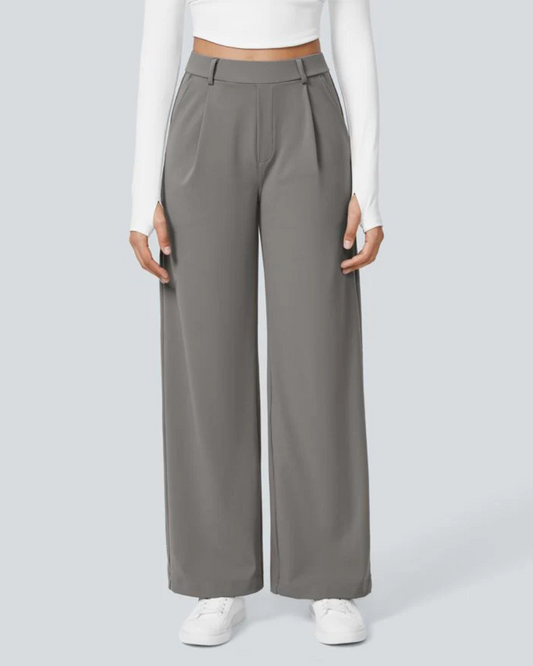 Pantaloni Largi cu Talia Înaltă, Buzunare Laterale și Închidere