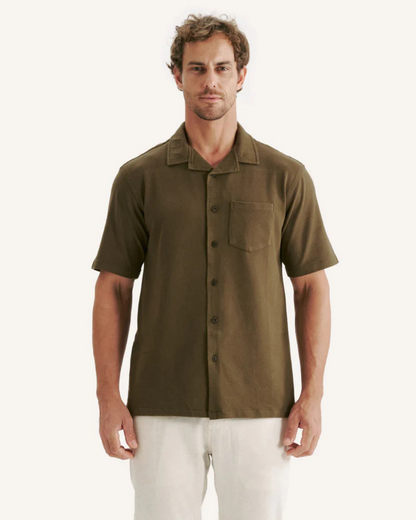 Cămașă din in cu mâneci scurte și nasturi pentru bărbați