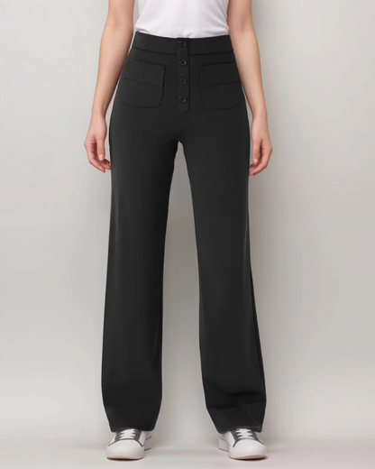 Pantaloni Drepți cu Talie înaltă, cu Nasturi Decorativi și Buzunare Frontale în Stil Utilitar