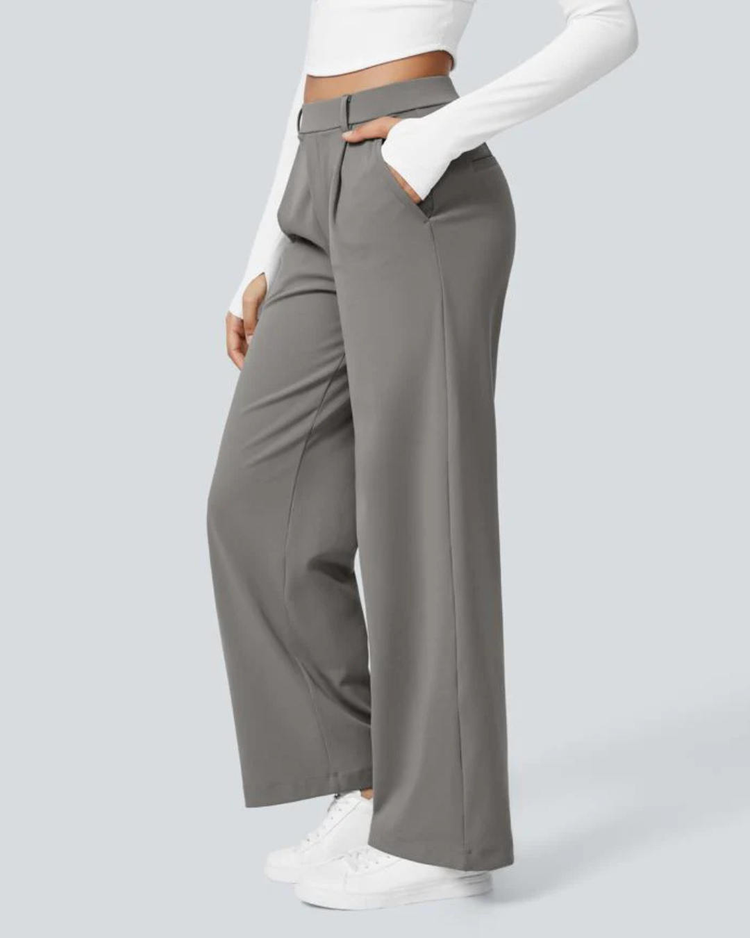 Pantaloni Largi cu Talia Înaltă, Buzunare Laterale și Închidere