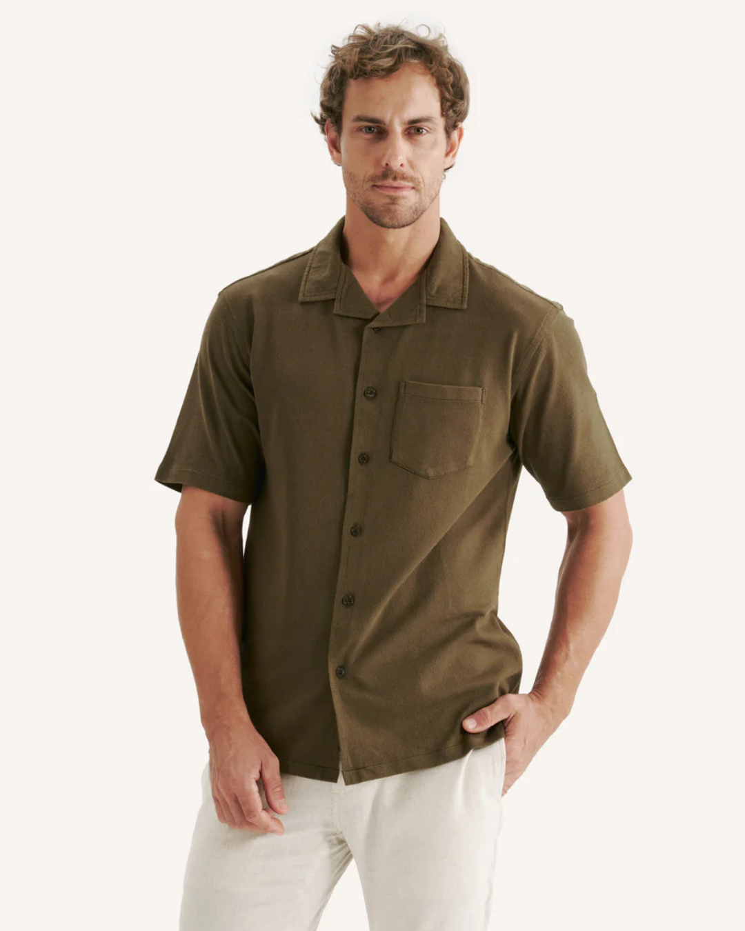 Cămașă din in cu mâneci scurte și nasturi pentru bărbați
