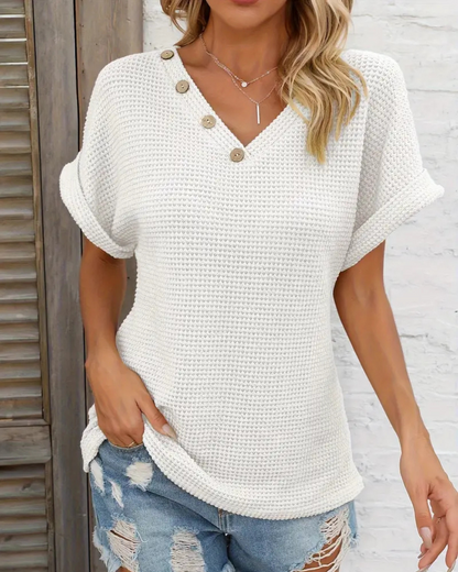 Top Tricotat cu Decolteu în V cu Nasturi Decorativi Pentru un Stil Casual cu Textură Confortabilă