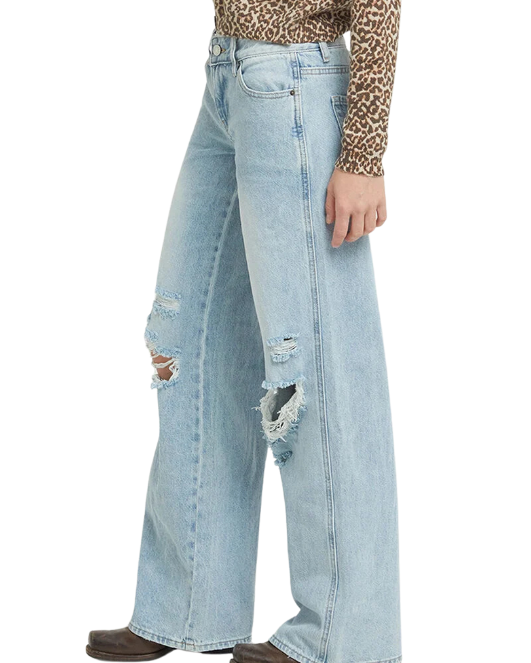 Blugi Drepți pentru Femei cu Efect Uzat și Tăieturi Moderne