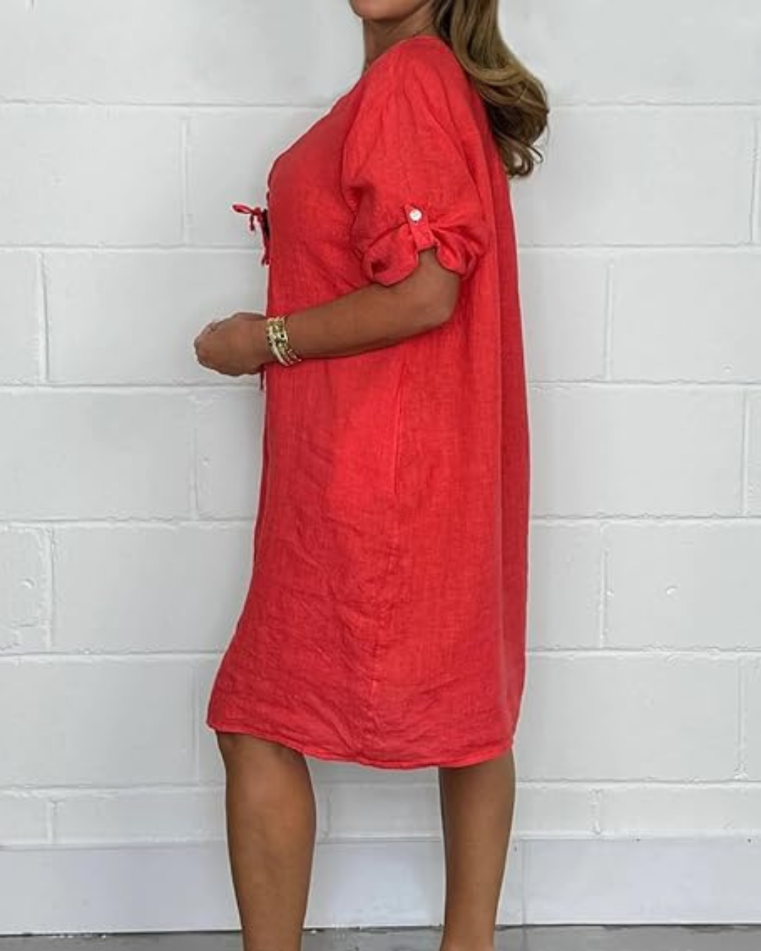 Rochie din in cu mâneci lungi și nasturi eleganți®