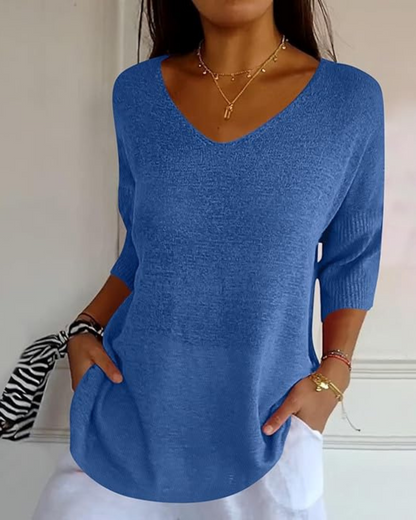 Bluză Tricotată cu Mâneci Franțuzești cu Mâneci Franțuzești Pentru Femei Ușoare cu Gât în V