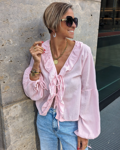 Bluză cu Volane, cu Fundiță în Față, din țesătură Ușoară și Mâneci Bufante