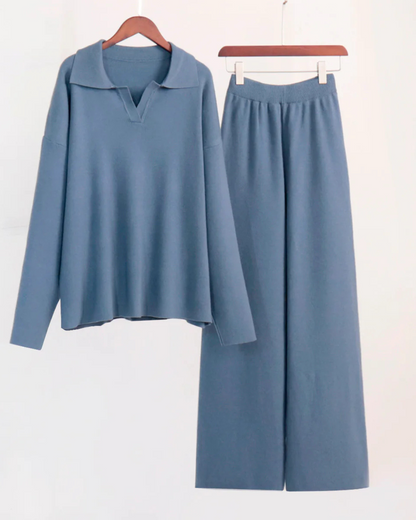 Set 2 Piese Pentru Femei, Hanorac cu Guler Polo și Pantaloni cu Picioare Largi 