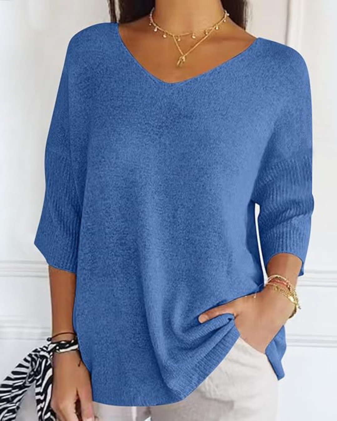 Bluză Tricotată cu Mâneci Franțuzești cu Mâneci Franțuzești Pentru Femei Ușoare cu Gât în V