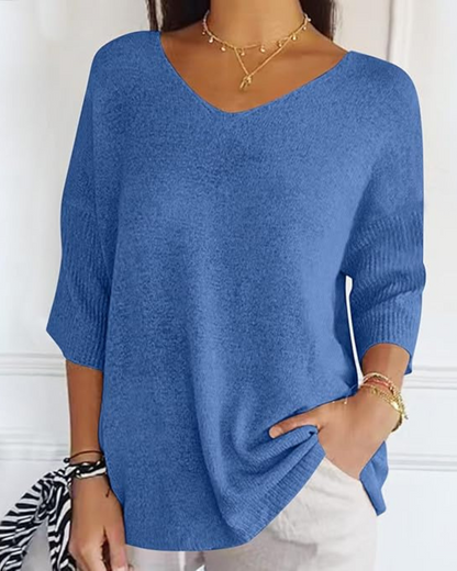 Bluză Tricotată cu Mâneci Franțuzești cu Mâneci Franțuzești Pentru Femei Ușoare cu Gât în V