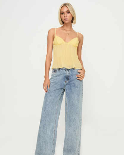 Top Plisat din Dantelă și Tifon cu Bretele Subțiri 