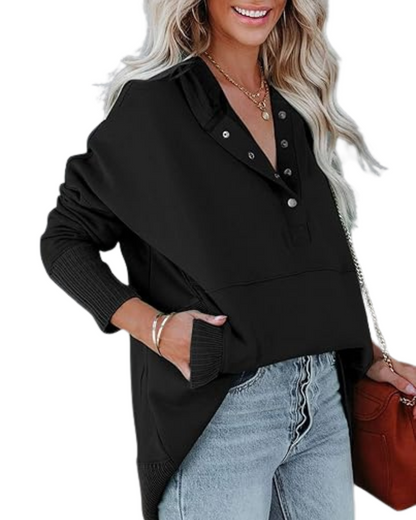 Pulover cu mâneci lungi, croi larg, decolteu în V și nasturi