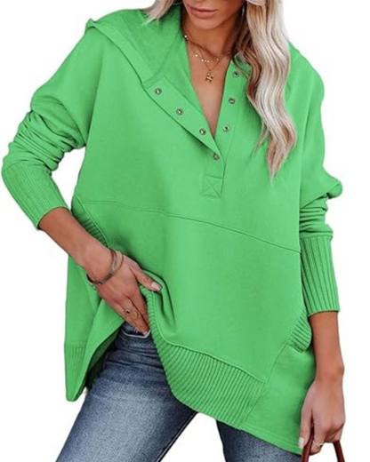 Pulover cu mâneci lungi, croi larg, decolteu în V și nasturi