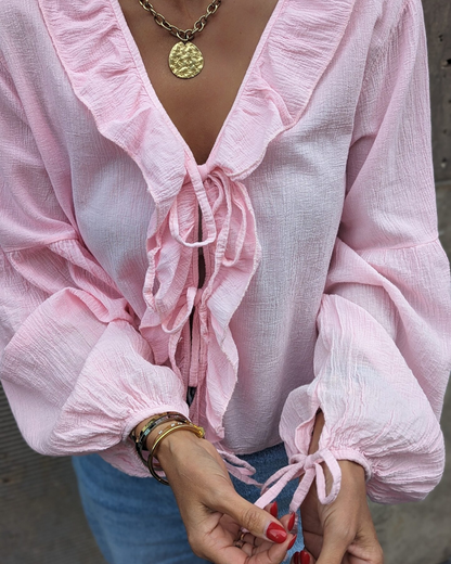 Bluză cu Volane, cu Fundiță în Față, din țesătură Ușoară și Mâneci Bufante