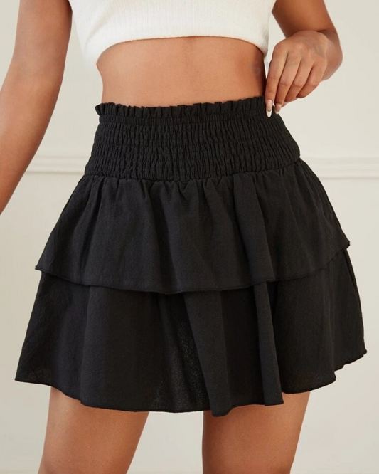 Fustă Scurtă cu Talie cu Volane Duble din Bumbac 100%