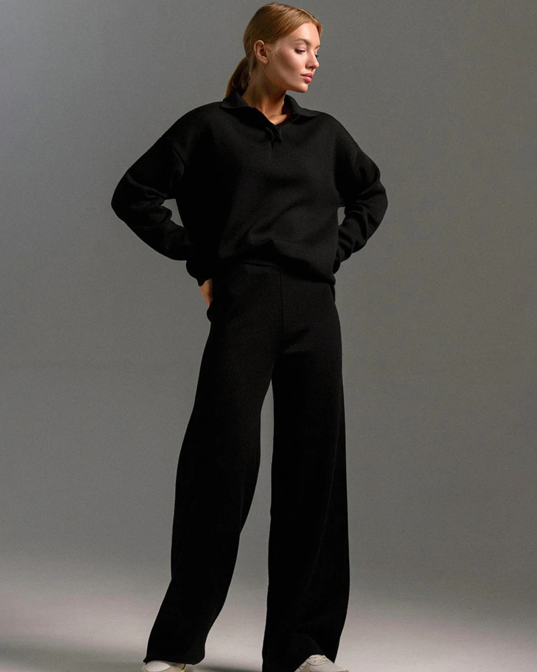 Set 2 Piese Pentru Femei, Hanorac cu Guler Polo și Pantaloni cu Picioare Largi 