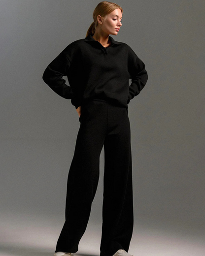 Set 2 Piese Pentru Femei, Hanorac cu Guler Polo și Pantaloni cu Picioare Largi 