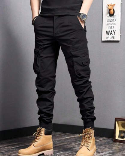 Pantaloni Cargo pentru Bărbați cu Croială Regulară și Buzunare cu Nasturi, Design Casual și Talie Reglabilă 