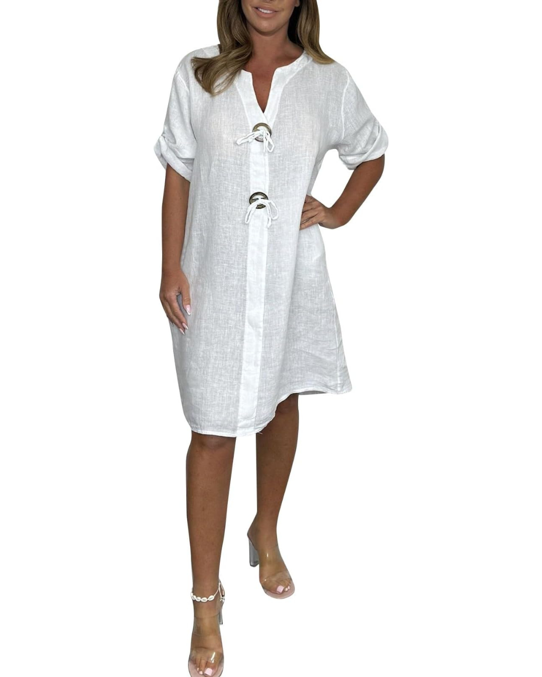 Rochie din in cu mâneci lungi și nasturi eleganți®