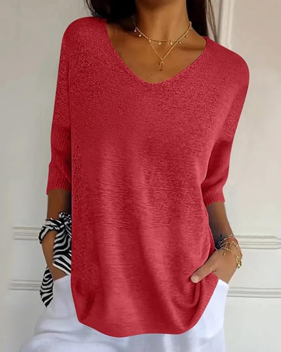 Bluză Tricotată cu Mâneci Franțuzești cu Mâneci Franțuzești Pentru Femei Ușoare cu Gât în V