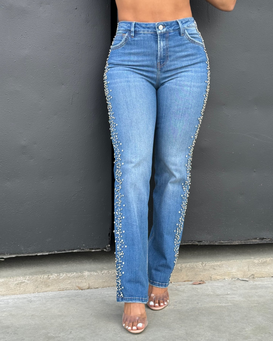 Blugi Drepți cu Perle și Cristale pe Lateral