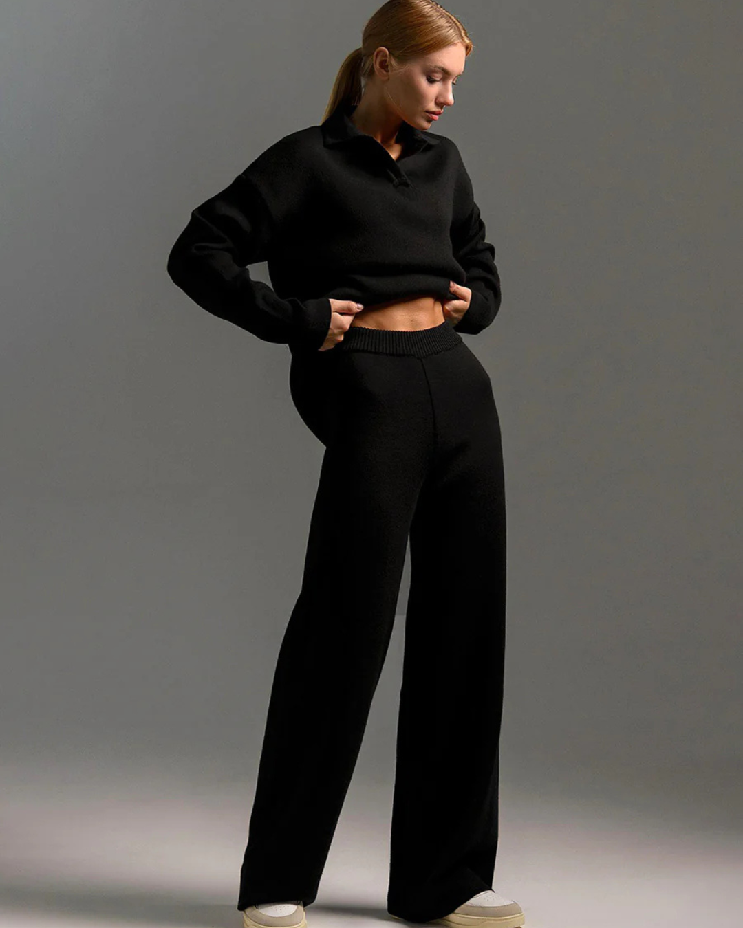 Set 2 Piese Pentru Femei, Hanorac cu Guler Polo și Pantaloni cu Picioare Largi 