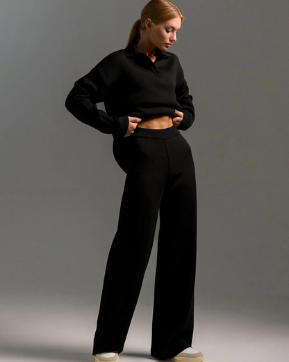 Set 2 Piese Pentru Femei, Hanorac cu Guler Polo și Pantaloni cu Picioare Largi 