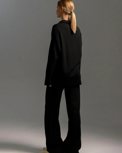 Set 2 Piese Pentru Femei, Hanorac cu Guler Polo și Pantaloni cu Picioare Largi 