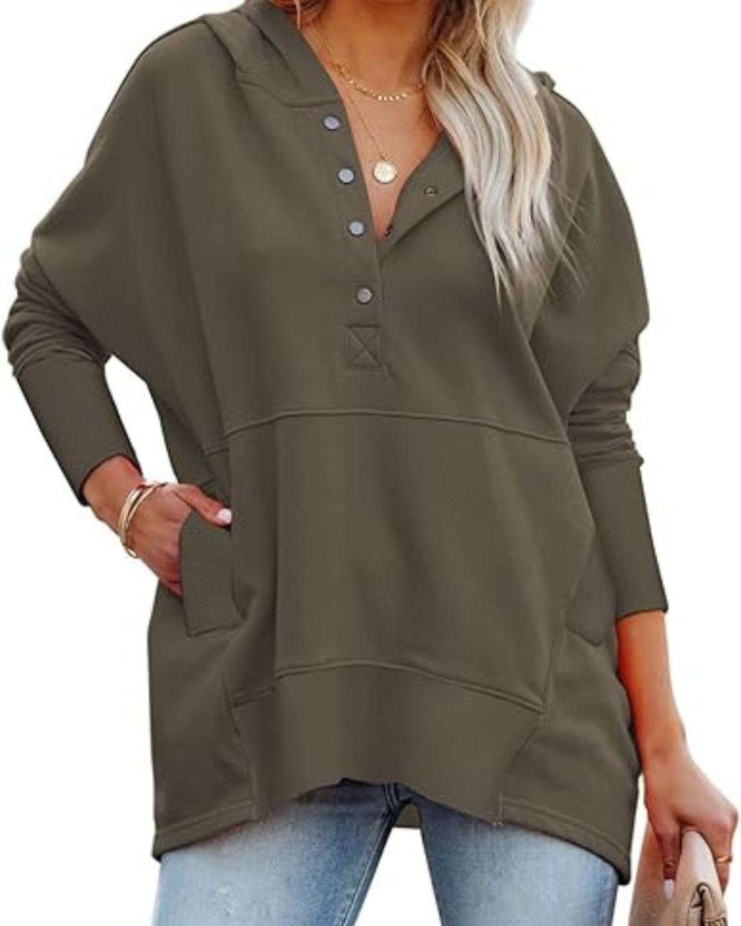 Pulover cu mâneci lungi, croi larg, decolteu în V și nasturi