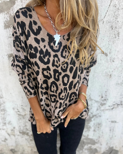 Bluză Extensibilă Pentru Femei cu Imprimeu Animal și Decolteu Rotund