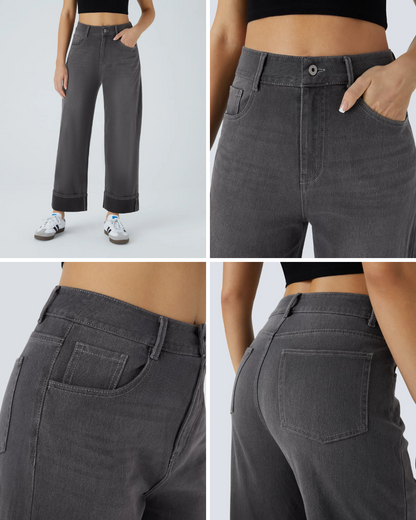 Pantaloni Spălați cu Tiv Rulat Elastic și Talie înaltă 