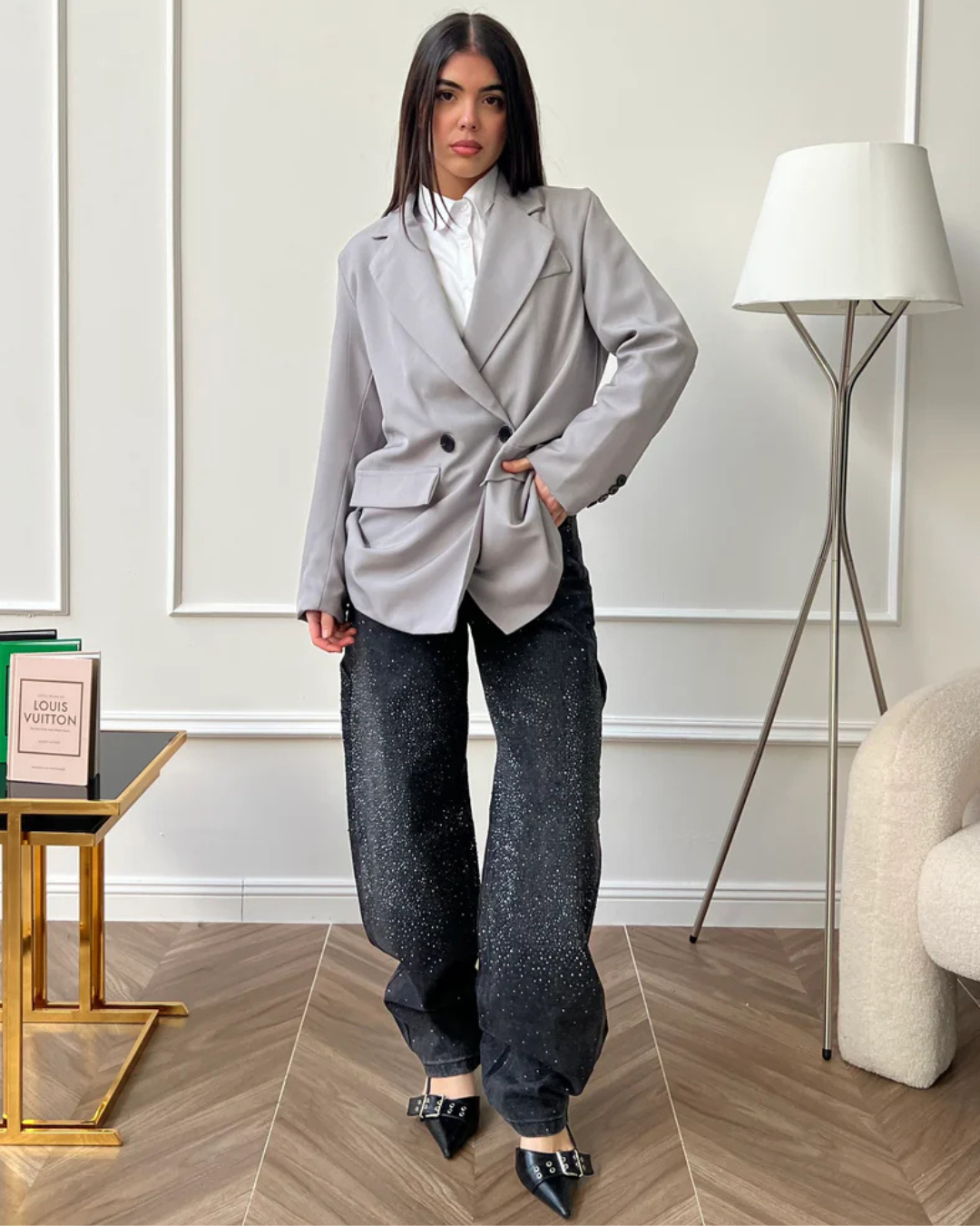 Blugi Largi cu Detalii de Diamante și Stil Cargo