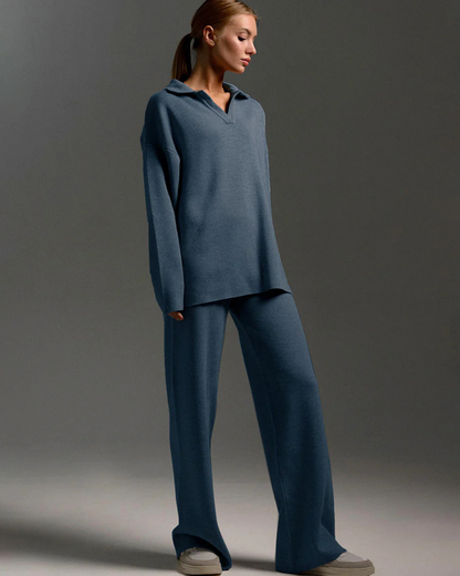 Set 2 Piese Pentru Femei, Hanorac cu Guler Polo și Pantaloni cu Picioare Largi 