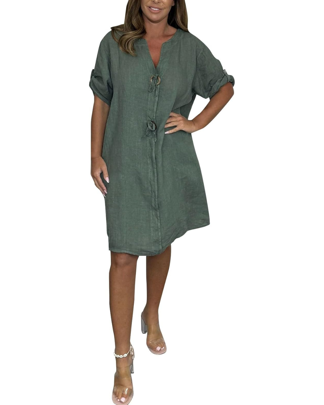 Rochie din in cu mâneci lungi și nasturi eleganți®