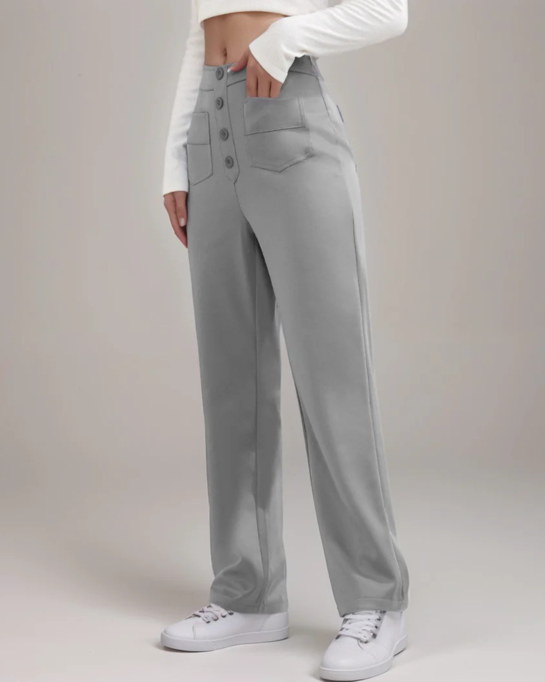 Pantaloni Drepți cu Talie înaltă, cu Nasturi Decorativi și Buzunare Frontale în Stil Utilitar