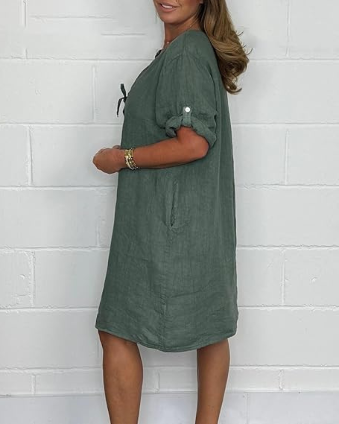 Rochie din in cu mâneci lungi și nasturi eleganți®