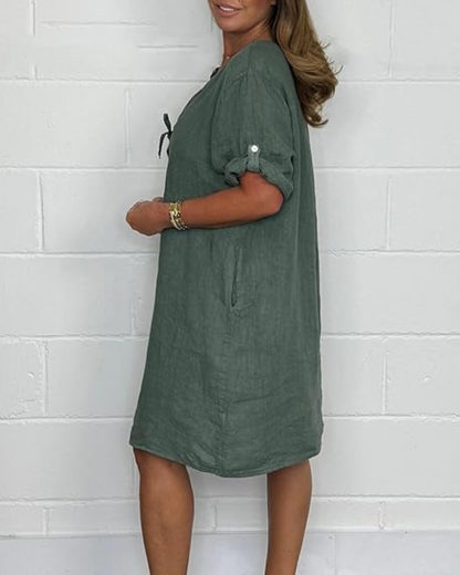 Rochie din in cu mâneci lungi și nasturi eleganți®