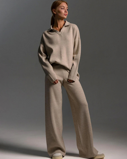 Set 2 Piese Pentru Femei, Hanorac cu Guler Polo și Pantaloni cu Picioare Largi 