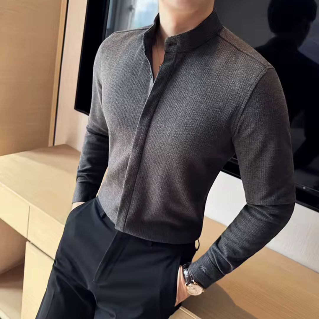 Cămașă Bărbătească cu Rever Casual de Culoare uni cu închidere cu Fermoar