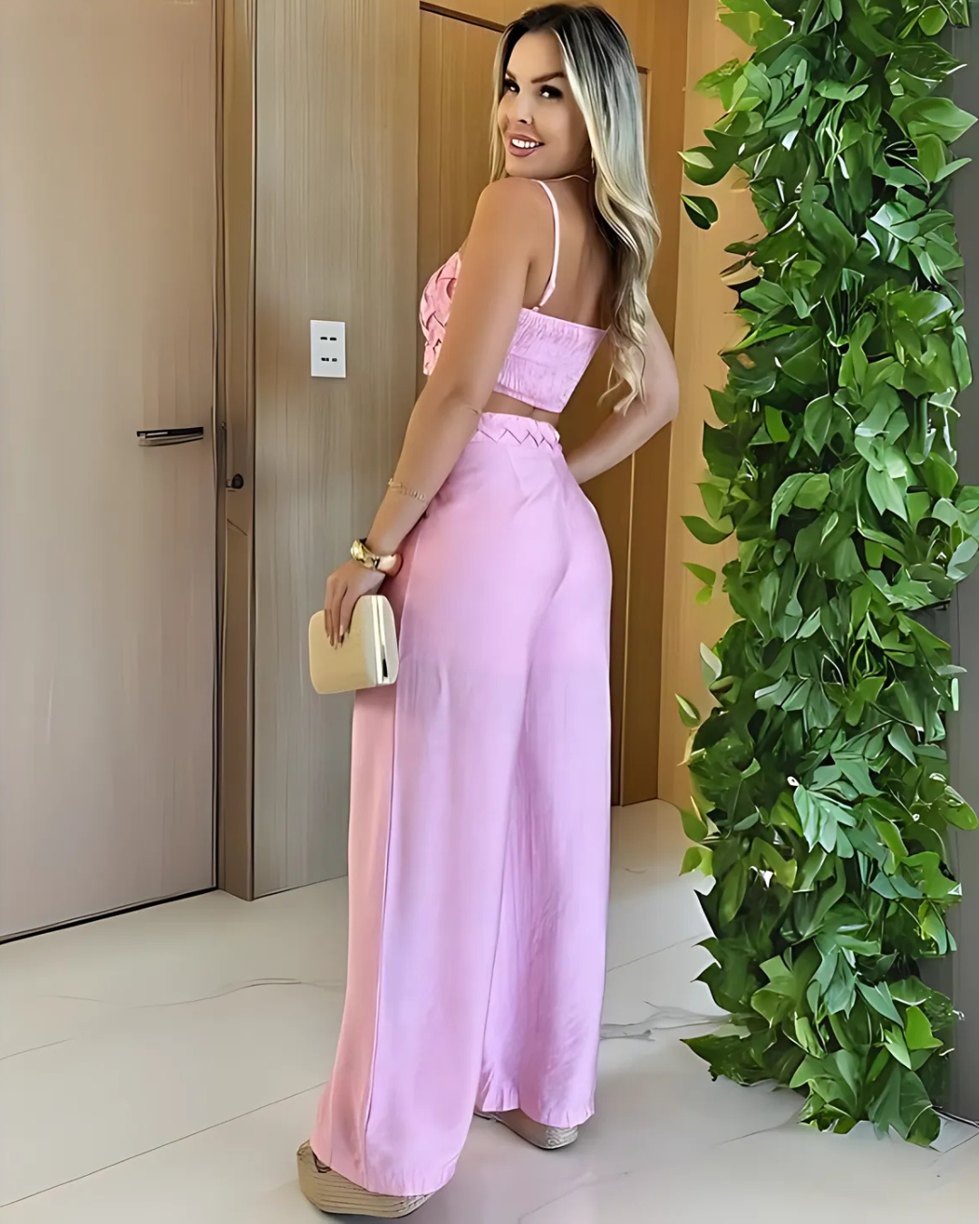 Set de Vară pentru Femei cu Pantaloni Palazzo și Top Scurt cu Bretele